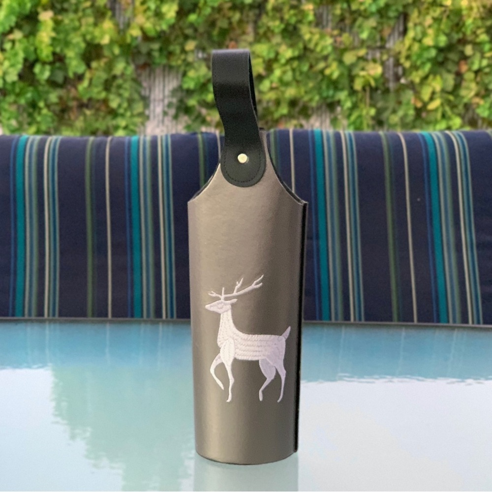 Embroidered White Stag Silver Gray Faux Leather Single Wine Bottle Gift Tote
